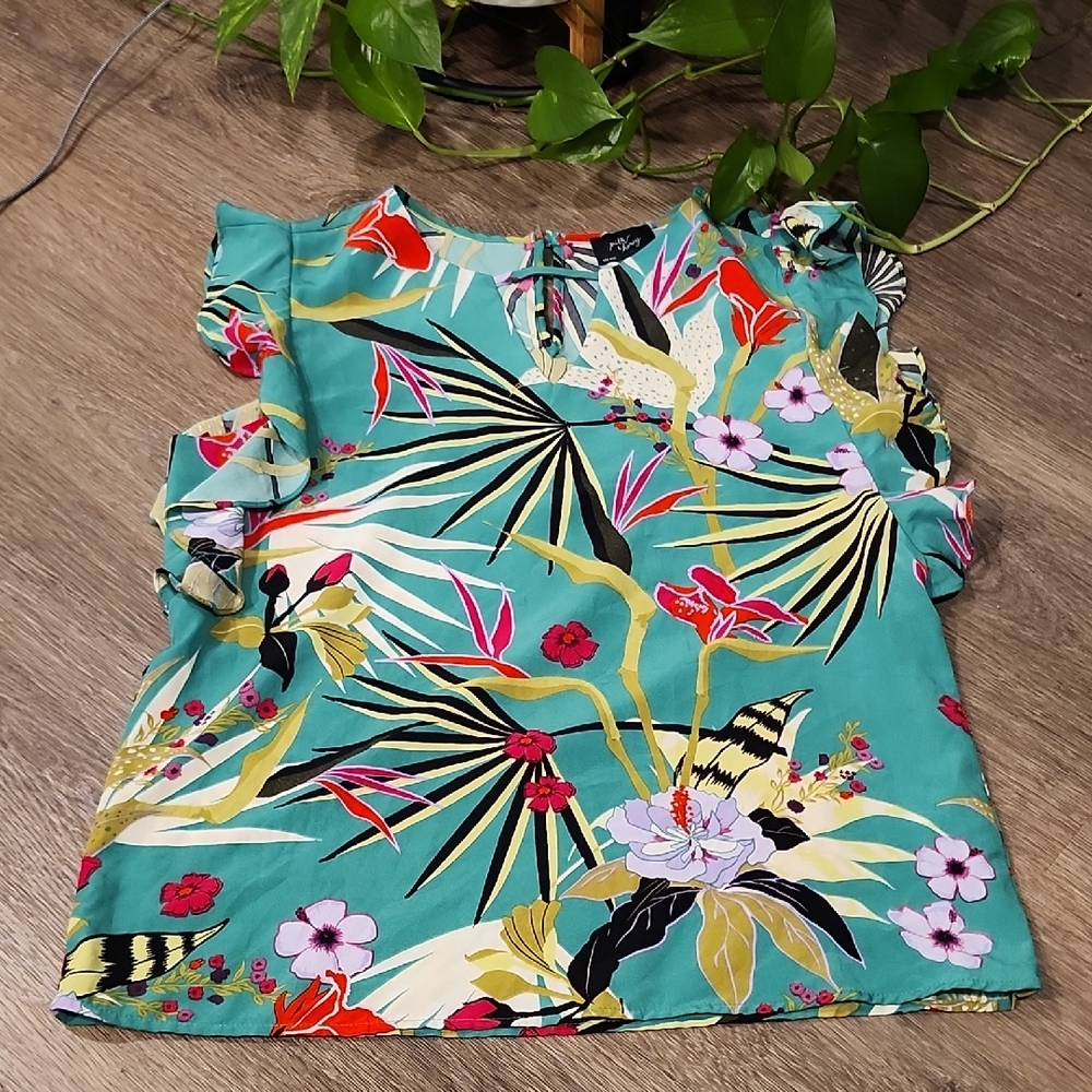 Floral Ruffle Sleeve Blouse - Teal